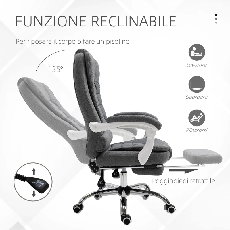 Vinsetto Sedia da Ufficio Reclinabile con Poggiapiedi Retrattile e Schienale Alto in Tessuto, Grigio