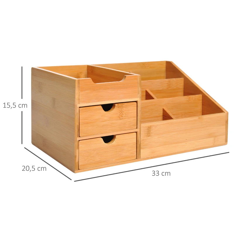 HOMCOM Boite de Rangement de Bureau - Organiseur de Bureau - 7 Compartiments, 2 tiroirs - Bambou Verni, Bambou