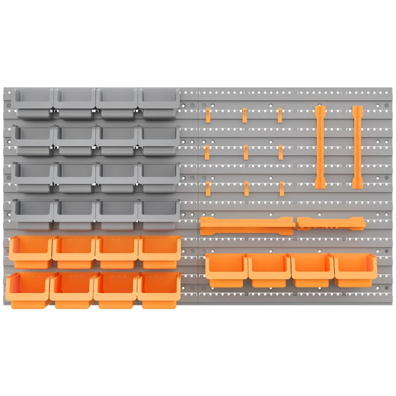 DURHAND Estantería de Pared para Herramientas 95x54 cm con 28 Cajas Apilables y Diferentes Ganchos Gris y Naranja