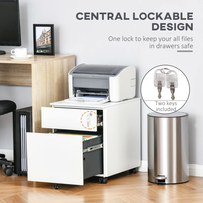 Vinsetto 2-Drawer Vertical File Cabinet, Lockable Steel Filing Cabinet with Pencil Tray and Hanging Bar for A4, Letter, Legal-sized Files, Fully Assembled Except Casters, White