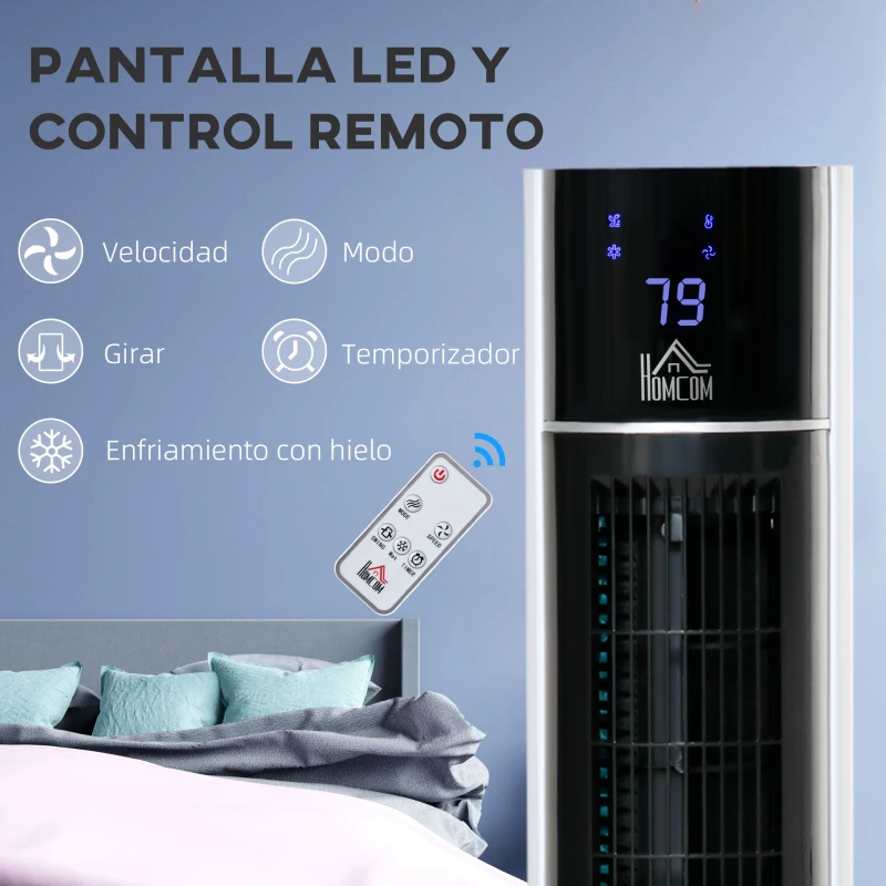 HOMCOM Enfriador de Aire Bajo Consumo 3 en1 Oscilante Humificador con 3L Control Remoto Pantalla LED 3 Velocidades 3 Modos y Temporizador 12h Climatizador Evaporativo Torre 33x26x105 cm Blanco