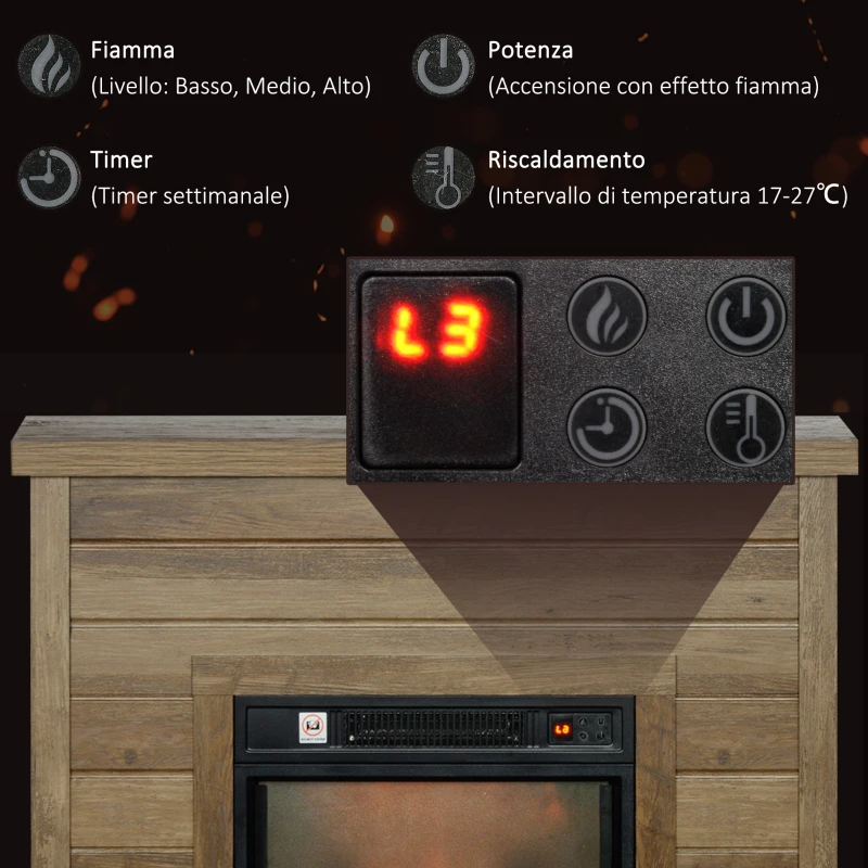 HOMCOM Camino Elettrico 1800W con Effetto Fiamma e Telecomando, in Legno, Metallo e Vetro, 96.5x22x81.7 cm, color Legno