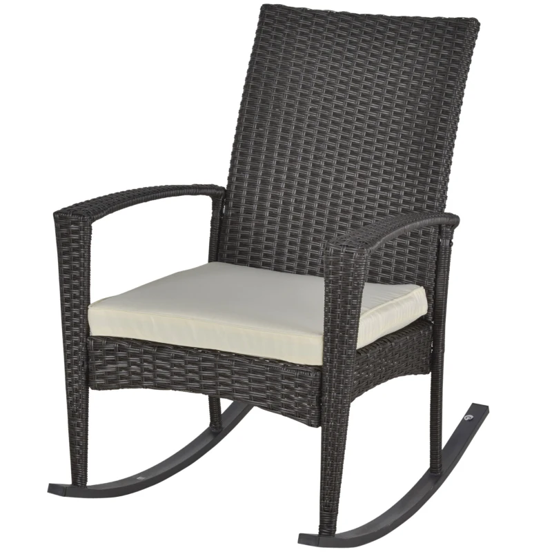 Outsunny Schaukelstuhl Schwingsessel Gartenstuhl mit Kissen , Polyrattan+Metall, Braun+Cremeweiß, 66 x 88 x 98 cm