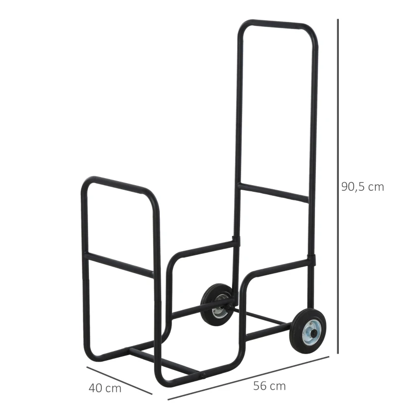 HOMCOM Chariot porte bûches - chariot à bois de chauffage en métal - 2 roues - panier roulant pour bûches à bois noir