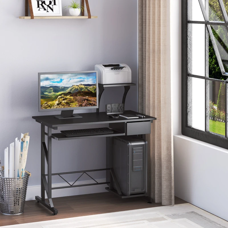 HOMCOM Computertisch Arbeitstisch mit Regalen und Schubladen Schreibtisch Bürotisch Platzsparend stabil Metall MDF Schwarz 90 x 50 x 95 cm