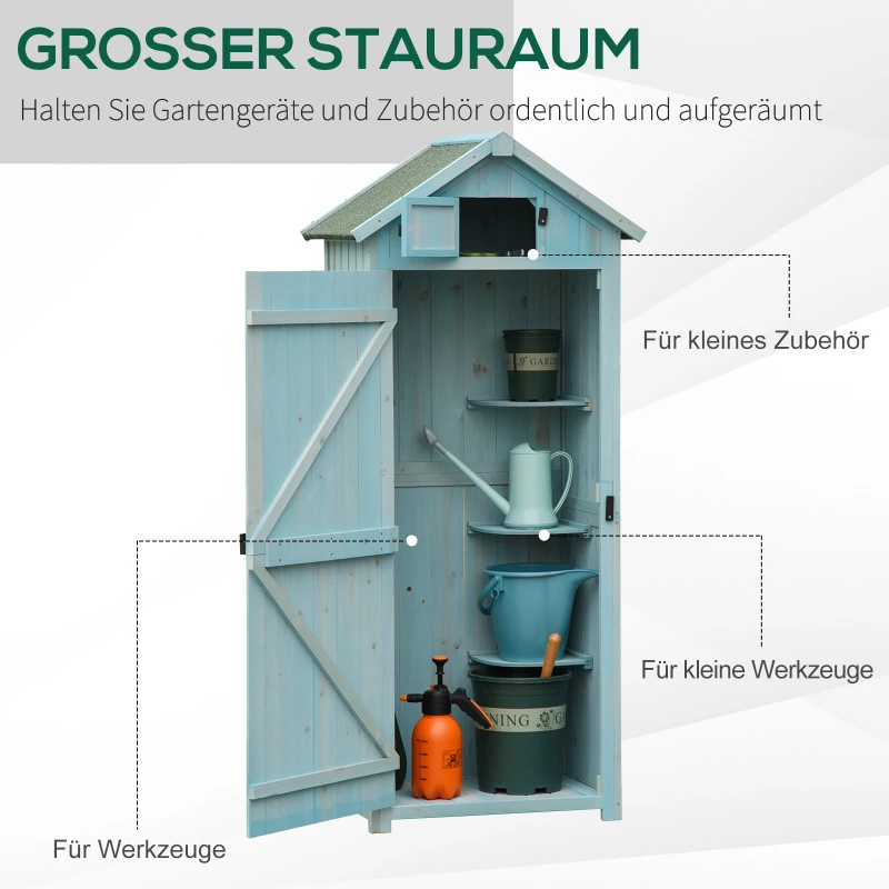 Outsunny Gartenschrank Holz, Geräteschuppen wetterfest 77x54,2x179cm, Gerätehaus mit Tür, Satteldach, Geräteschrank mit Böden, Werkzeugschrank Gartenschuppen für Garten, Terrasse, Hellblau+Grün