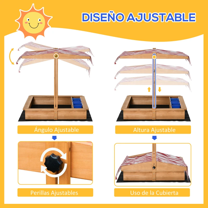 Outsunny Arenero Infantil de Madera con Techo Inclinable Ajustable en Altura y 2 Cubetas de Plástico Cajón de Arena de Jardín para Niños +3 Años 107,5x107,5x110 cm Natural