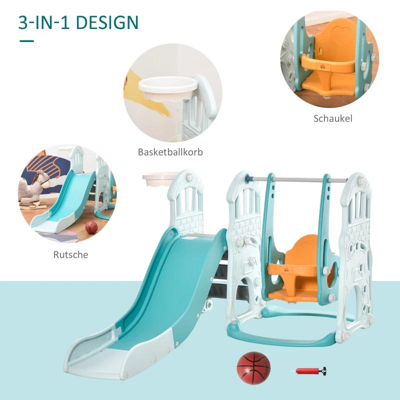 HOMCOM 3 in 1 Kinderrutsche Kinderschaukel Set Spielturm für Kinder 18 bis 48 Monaten Kinder Spielplatz mit Basketballkorb HDPE PP Blaugrün+Gelb 149 x 186 x 98 cm