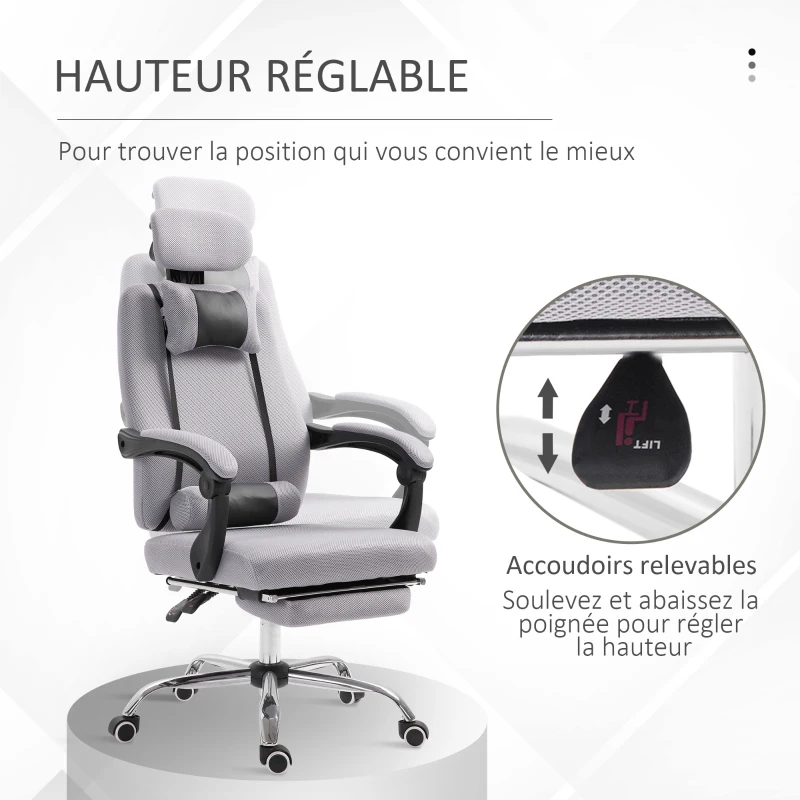 HOMCOM Fauteuil de bureau manager grand confort repose-pied tétière + coussin lombaires intégrés dossier inclinable revêtement tissu micro perforé gris noir