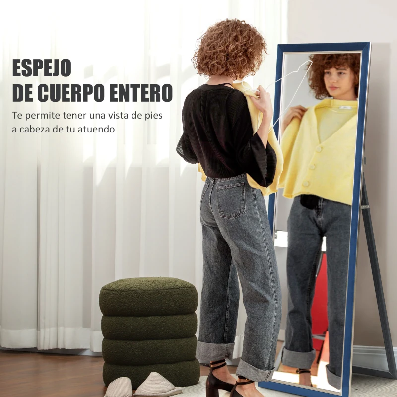 HOMCOM Espejo de Cuerpo Entero 150x50 cm con Marco en Terciopelo y Soporte para Salón Dormitorio Azul