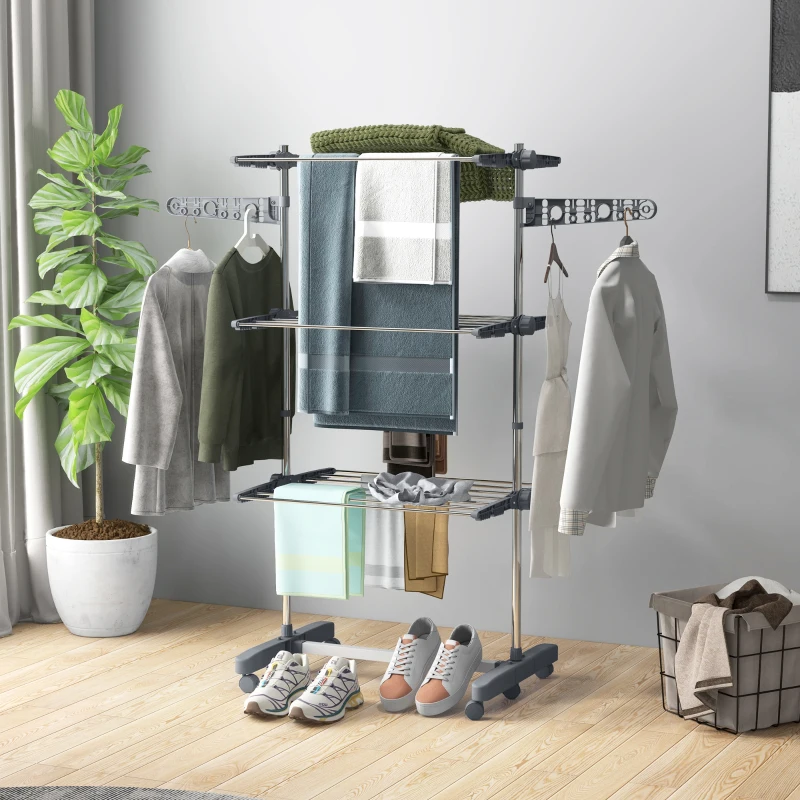 HOMCOM Three-Shelf Collapsing Clothes Horse, With Side Arms and Wheels - Grey