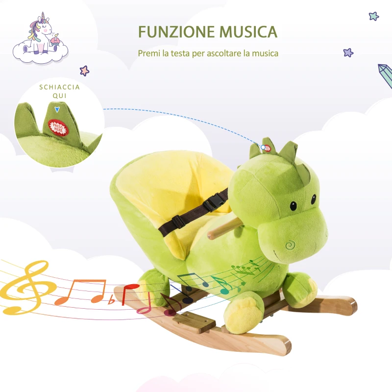 HOMCOM Cavallo a Dondolo per Bambini in Legno Dinosauro, Cavalluccio per Bambini, 60x33x45cm, Verde