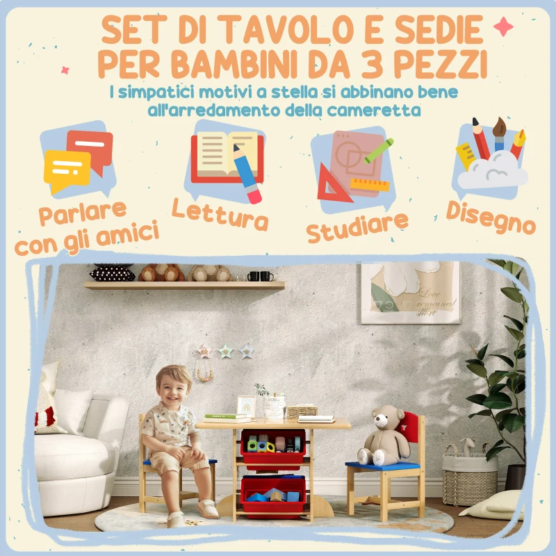 AIYAPLAY Set Tavolo e Sedie per Bambini 3-7 Anni con 2 Sedie e Tavolo con 4 Contenitori, in Legno e PP, color Legno