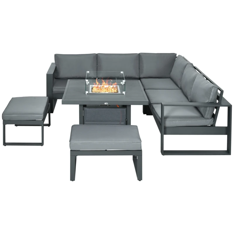 Outsunny 6-Piece Aluminium Garden Furniture Set with Fire Pit Table, Outdoor Dining Sofa Set with Cushions, Loveseats and Footstools, Sectional Corner Conservatory Furniture for Patio, Grey