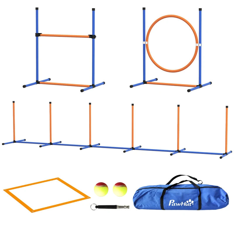 PawHut Juego de Agilidad para Perros de 4 Piezas con Piquetes para Slalom Zona de Reposo Valla y Anillo de Salto Naranja y Azul