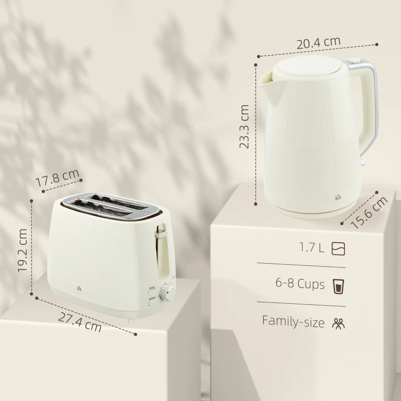 HOMCOM Kettle and Toaster Set, 1.7L 3000W Fast Boil Kettle & 2 Slice Toaster Kitchen Set with 7 Level Browning Controls, Defrost, Reheat, Boil-dry Protection, Cream White