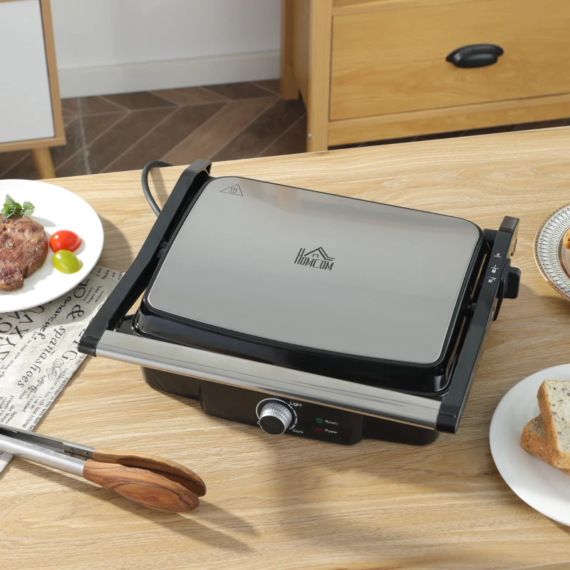 HOMCOM Health Grill & Panini Press, 4 Slice Toastie Machine, 2000W Electric Non-stick Grill with 180° Flat Open, Drip Tray and Adjustable Temperature, Sandwich Toaster Maker