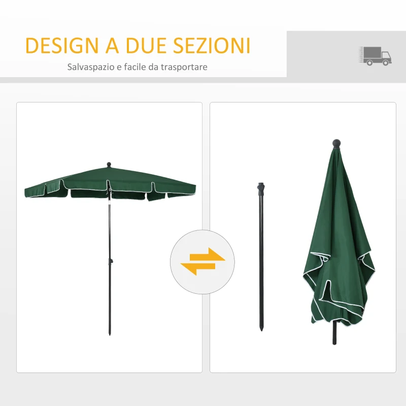 Outsunny Ombrellone da Giardino Rettangolare 2x1.3m con Inclinazione Regolabile e Palo in Alluminio, Verde e Nero