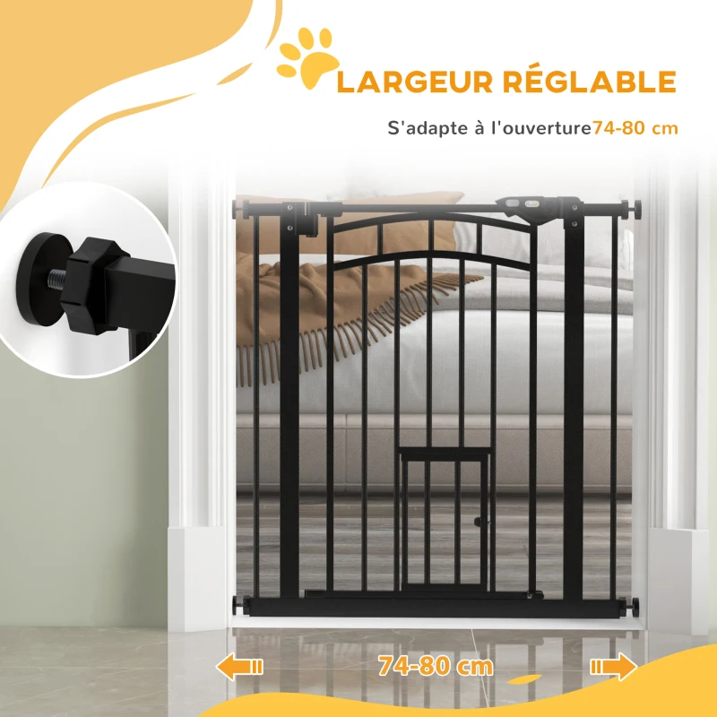 PawHut Barrière de sécurité animaux chien porte fermeture automatique sans perçage de 74 à 80 cm acier noir