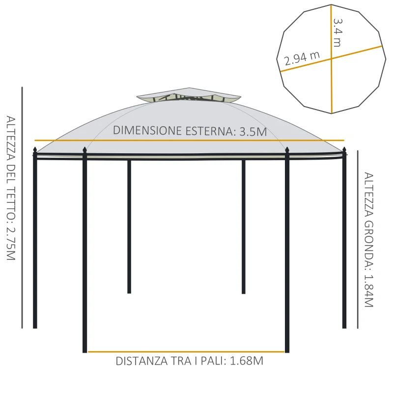 Outsunny Gazebo da Giardino Rotondo con Doppio Tettuccio, Cinghie e Tende, Ø3.5x2.8m, Bianco
