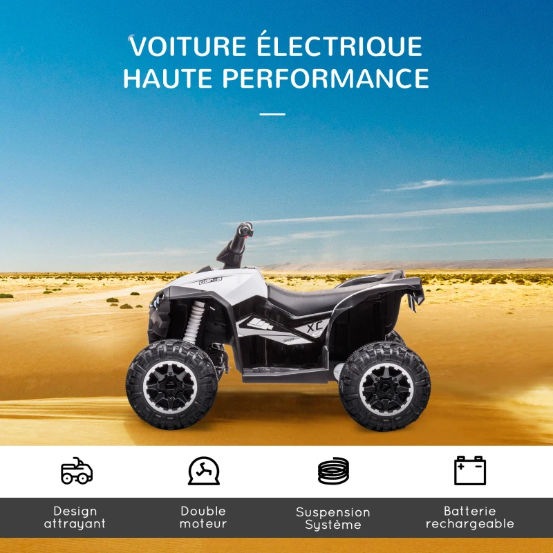HOMCOM Quad buggy électrique enfant 12 V 6 Km/h max. effets lumineux selle pour enfant 3-5 ans métal PP noir blanc(m-4)