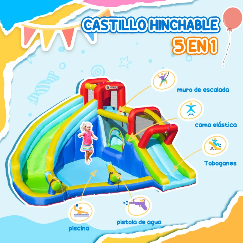Outsunny Castillo Inflable para Niños +3 Años con 2 Toboganes Trampolín Piscina y Bolsa de Transporte 385x365x200 cm Multicolor