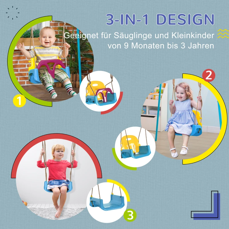 Outsunny 3-in-1 Kinderschaukel, höhenverstellbar, abnehmbare Rücklehne, für In- und Outdoor, blau+gelb, 42 x 33 x 180 cm