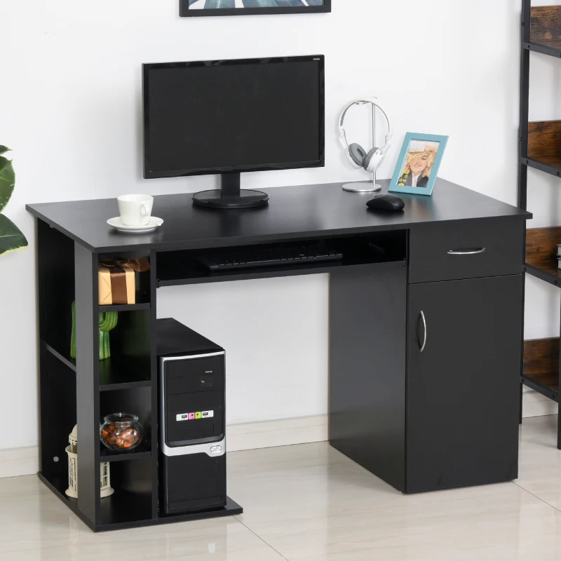 HOMCOM Mesa Escritorio para PC Mesa de Ordenador con Estantes abiertos y baldas Ajustables Armario Soporte para CPU y Bandeja Extraíble 120x60x74 cm Negro