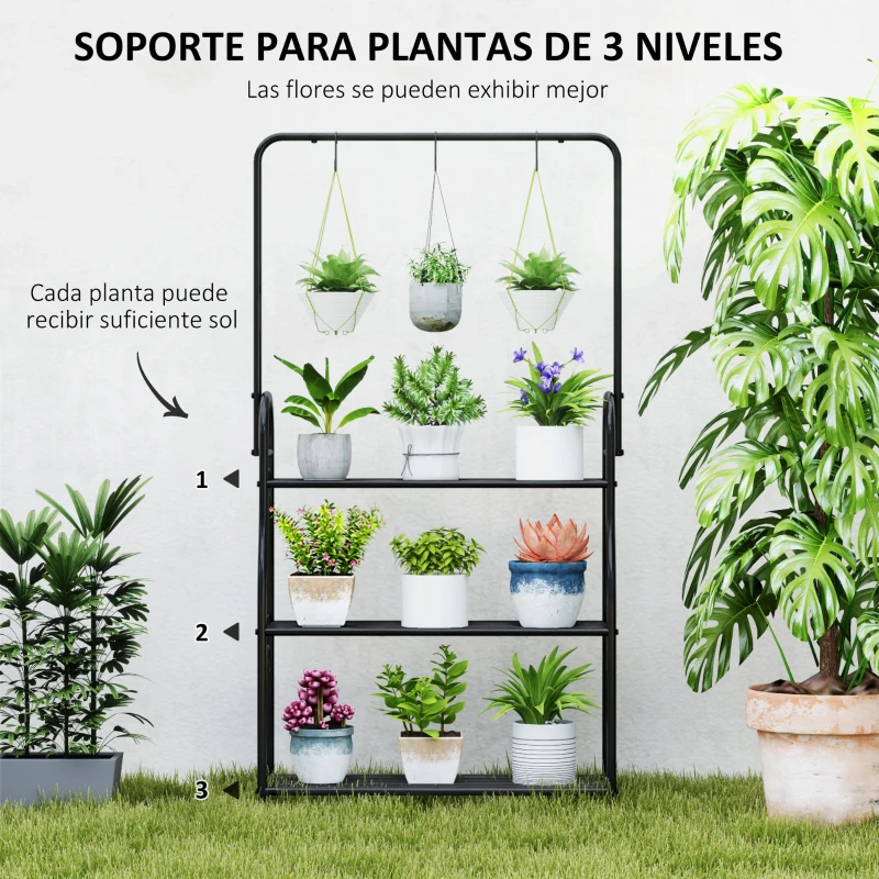 Outsunny Estantería para Plantas de 3 Niveles con Ganchos de Metal Barra para Colgar para Interior y Exterior Negro