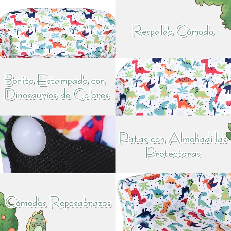 HOMCOM Sofá Infantil con Estampado de Dinosaurios con Respaldo y Reposabrazos Incorporados y Cómodo Acolchado Para +12 Meses 76x39x44 cm
