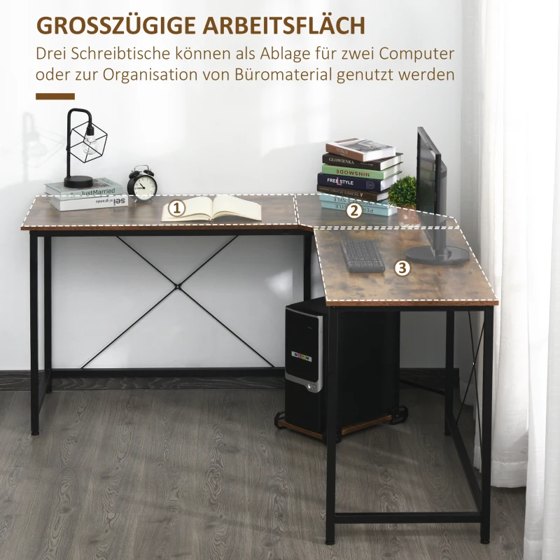 HOMCOM Computertisch, L-förmiger Eckschreibtisch, Schreibtisch, Bürotisch, E1 Spanplatte +Metall, Schwarz+Braun, 150 x 150 x 75 cm