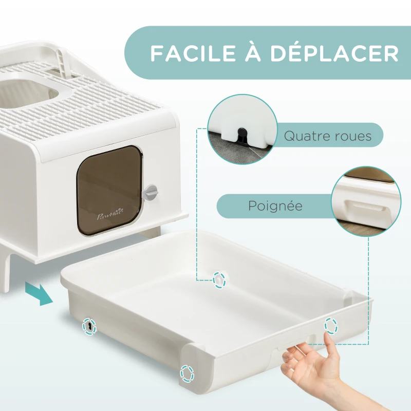 PawHut Maison de toilette pour chat 2 portes avec pelle et bac amovible - roulettes et poignée - PE blanc