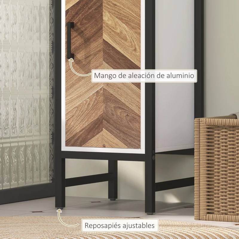 HOMCOM Armario Alto de Baño con 3 Estantes Abiertos 1 Puerta y Estante Ajustable Anti-vuelco 30x30x170 cm Blanco y Nogal