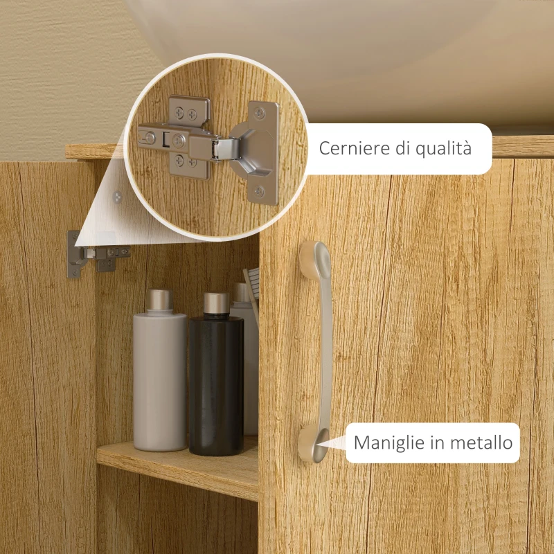HOMCOM Mobiletto Bagno Sottolavabo Sospeso a 2 Ante con 2 Ripiani in Legno, Colore Naturale