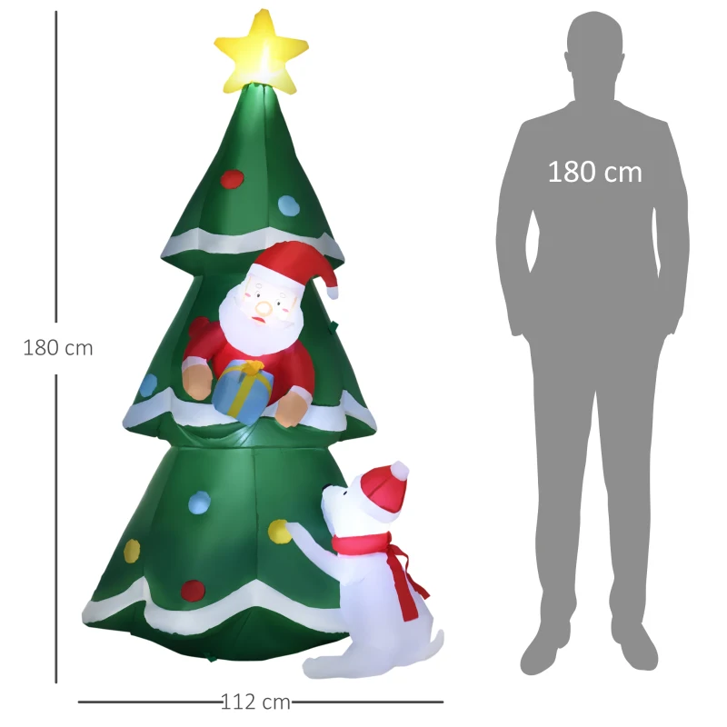 Outsunny Albero di Natale Gonfiabile con Babbo Natale e Cagnolino, Luci LED e Gonfiatore Incluso, 112x80x180cm