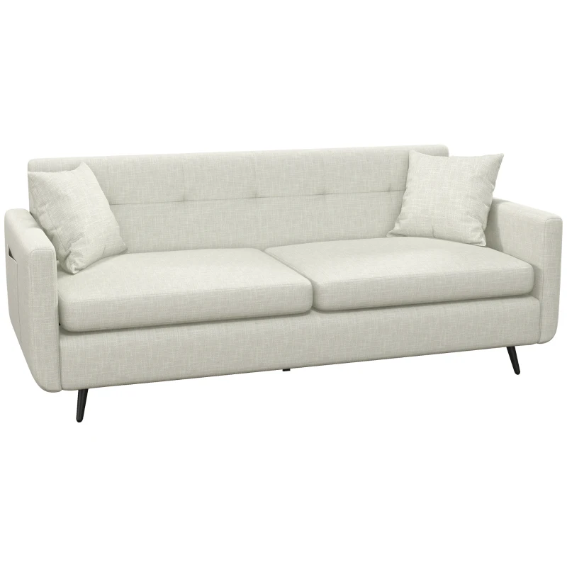 HOMCOM 3-Sitzer Sofa, 2 Seitentaschen, Kissen, Stahlrahmen, bis 250 kg, 165x73x72 cm, Beige