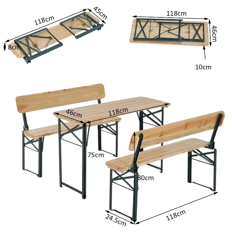 Conjunto de Mesa y Bancos con Respaldo para Picninc Plegables para Jardín o Camping Mesa de  118x46x75cm Color Madera y Negro