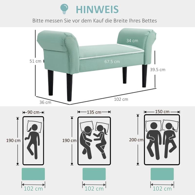 HOMCOM Gepolsterte Sitzbank für Schlafzimmer und Flur, bis 130 kg belastbar, 102 x 36 x 51 cm, Grün
