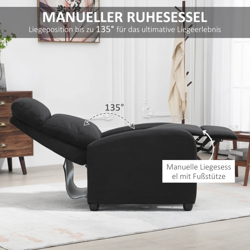 HOMCOM Relaxsessel, verstellbar 135°, ausziehbare Fußstütze, gepolsterte Lehnen, Leinen-Polyester, Schwarz