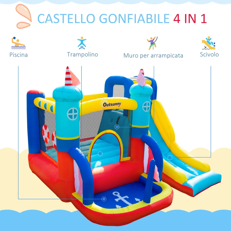 Outsunny Castello Gonfiabile 4 in 1 Bimbi 3-8 Anni, Scivolo e Piscina, 265x260x200cm
