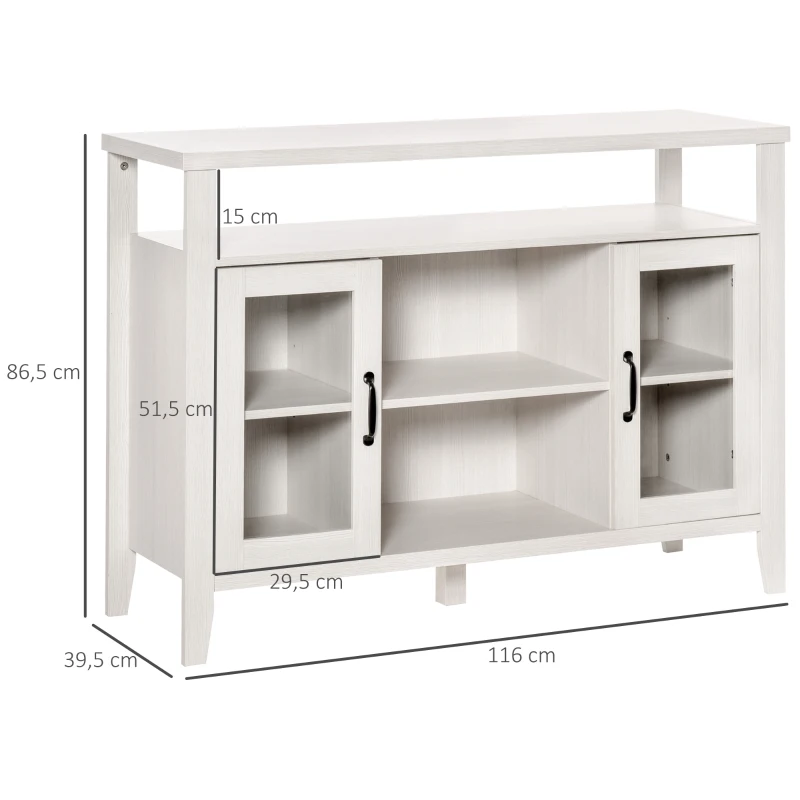 HOMCOM Aparador de Cocina Mueble Auxiliar de Comedor con 2 Armarios con Puerta de Vidrio Estante Ajustable Compartimentos Abiertos 116x39,5x86,5 cm Blanco