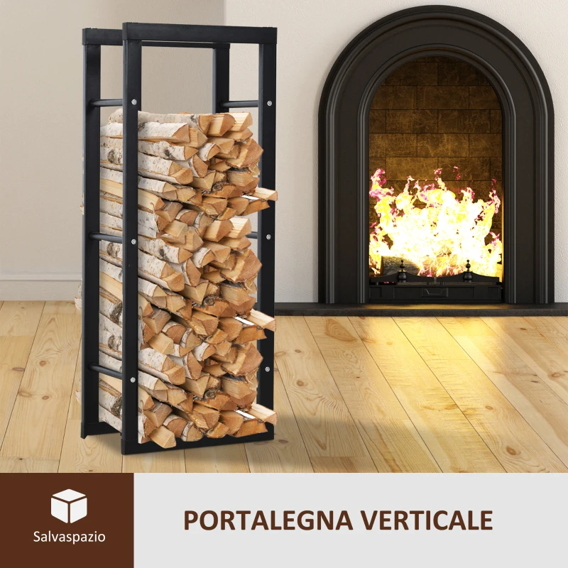 HOMCOM Porta Legna Verticale in Metallo Nero da Interni ed Esterni con Portata 100 kg max, 40x25x100 cm