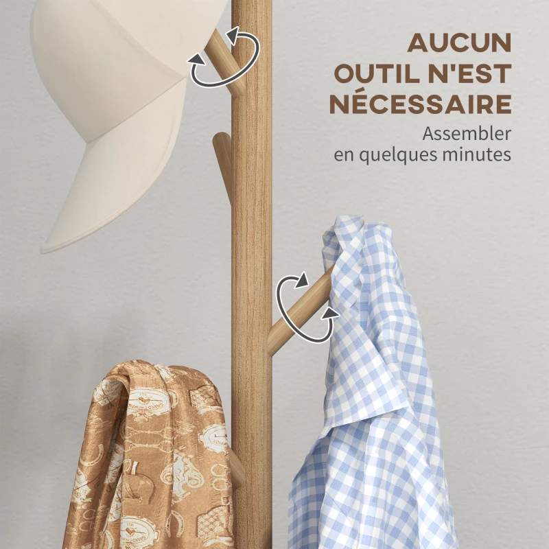 HOMCOM Portemanteau sur pied en bois portant à vêtements vestiaire 8 patères 40 x 40 x 165 cm naturel