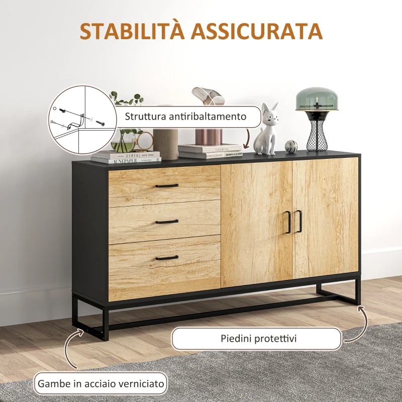 HOMCOM Credenza Moderna con 3 Cassetti e un Armadietto Cucina 2 Ante Soft-Close con Ripiano Regolabile