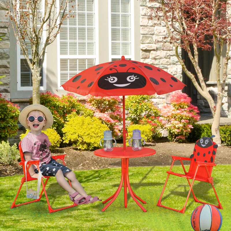 Outsunny Ensemble Salon de Jardin Enfant 4 pcs Design Coccinelle - Table Ronde + 2 chaises Pliables + Parasol - métal époxy Oxford Rouge