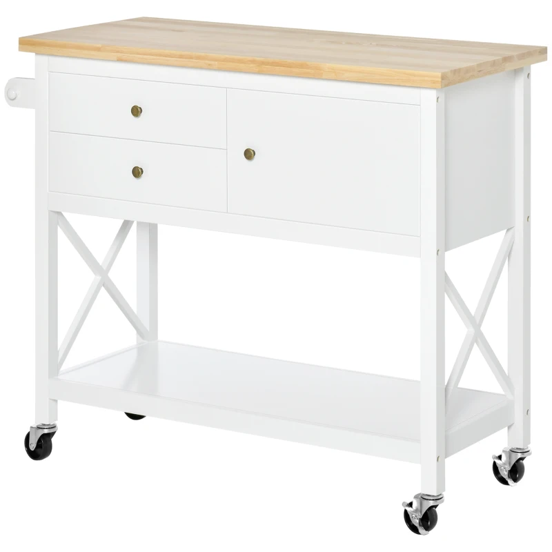 HOMCOM Carrito Auxiliar con Ruedas Carro de Cocina Carro Multiusos con 2 Cajones Puerta Estante Inferior 108x45x89 cm Blanco