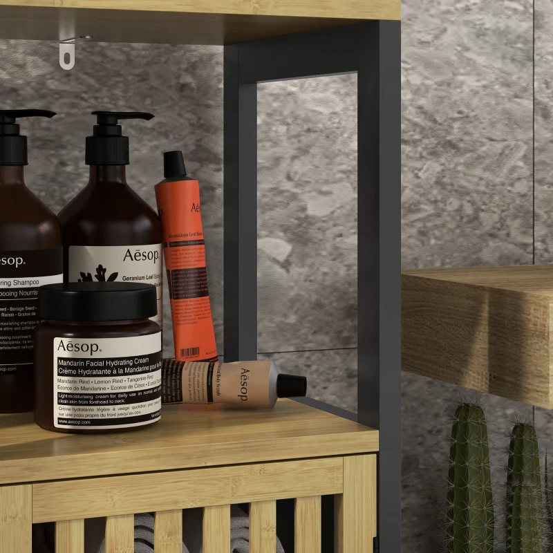 HOMCOM Meuble bas de salle de bain en bambou avec placard 1 porte niche ouverte 32 x 30 x 90,5 cm, noir et bois