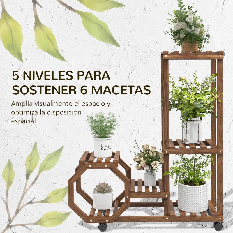 Outsunny Soporte para Plantas con Ruedas Soporte para Macetas de 5 Niveles de Madera Uso Interno Externo 86x30x102 cm Carbonizado