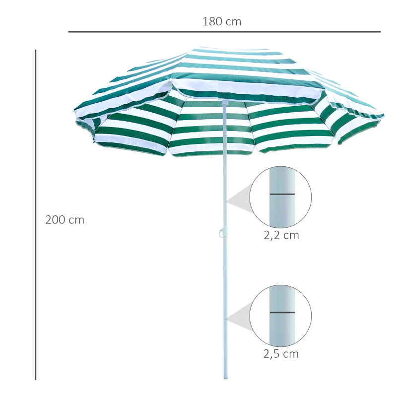 Outsunny Parasol de plage parasol inclinable octogonal Ø 180 cm Tissu Polyester Haute densité Anti-UV mât démontable Vert Blanc rayé