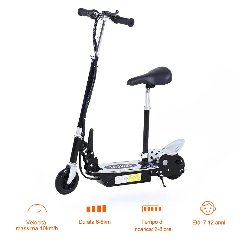 HOMCOM Monopattino Elettrico Pieghevole con Sella, 2 Ruote e Manubrio Regolabile, Bambini 7-12 Anni, 81.5x38x94cm, Nero
